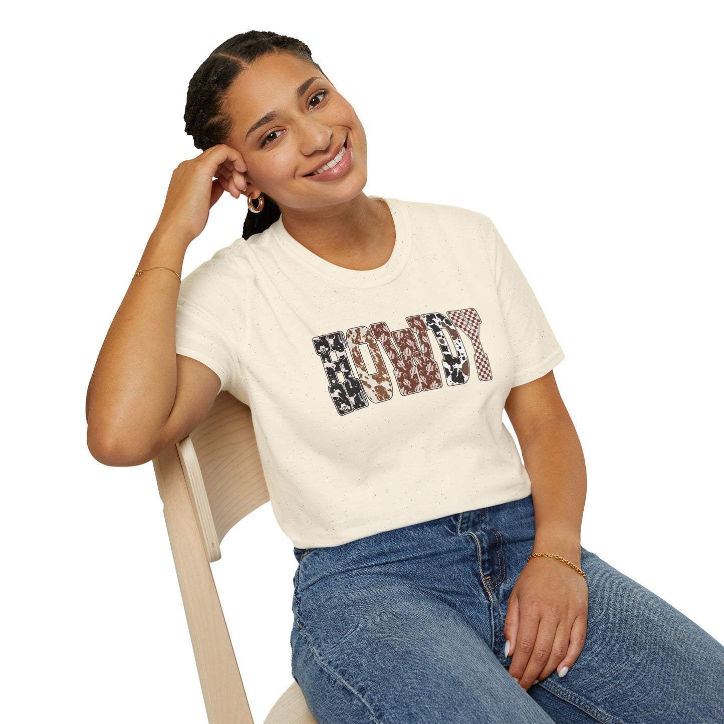 Howdy Graphic T-Shirt — Western Cowhide & Checkerboard Rustic Tee