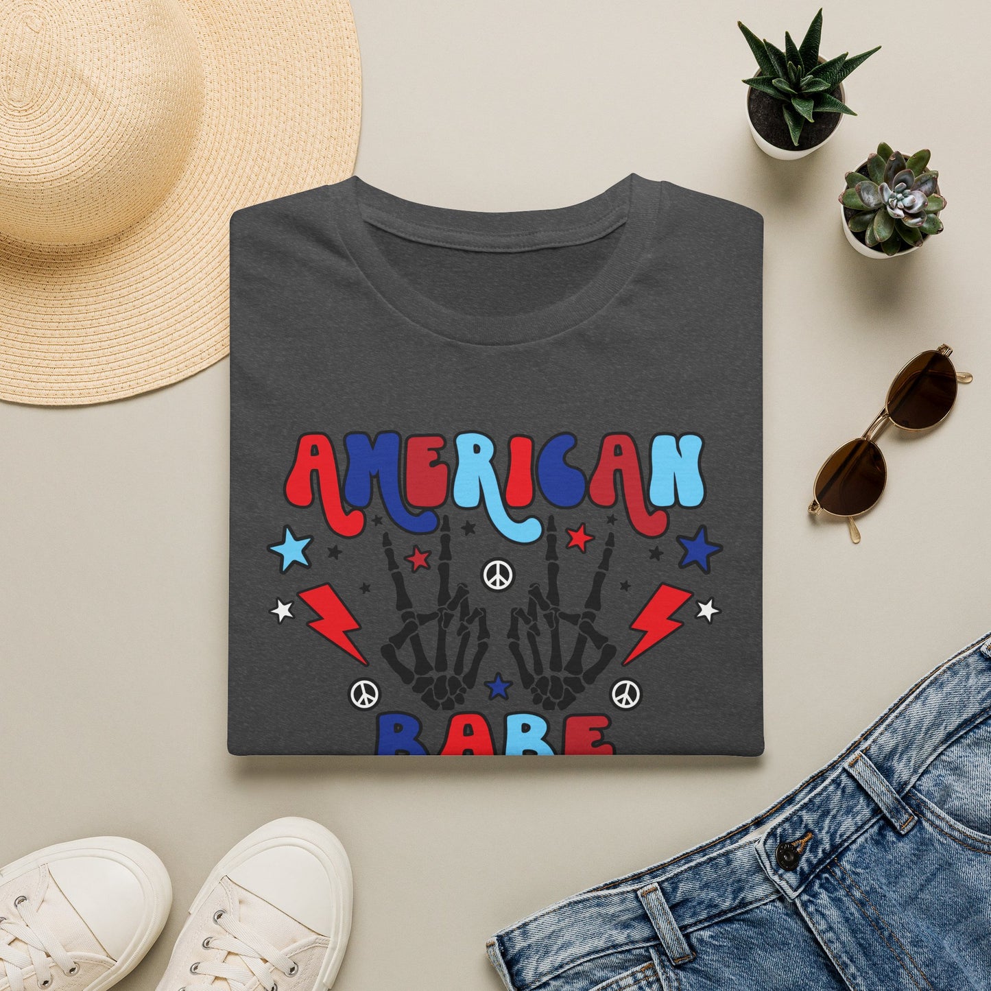 American Babe Graphic T-Shirt — Red White & Blue Peace Skeleton Hands