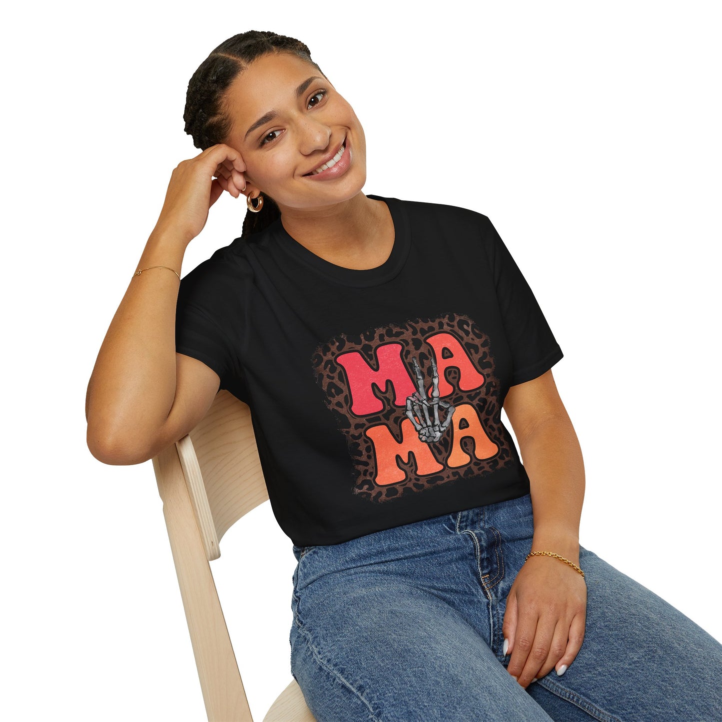 Mama Skeleton Hand Peace Sign T-Shirt | Leopard Background