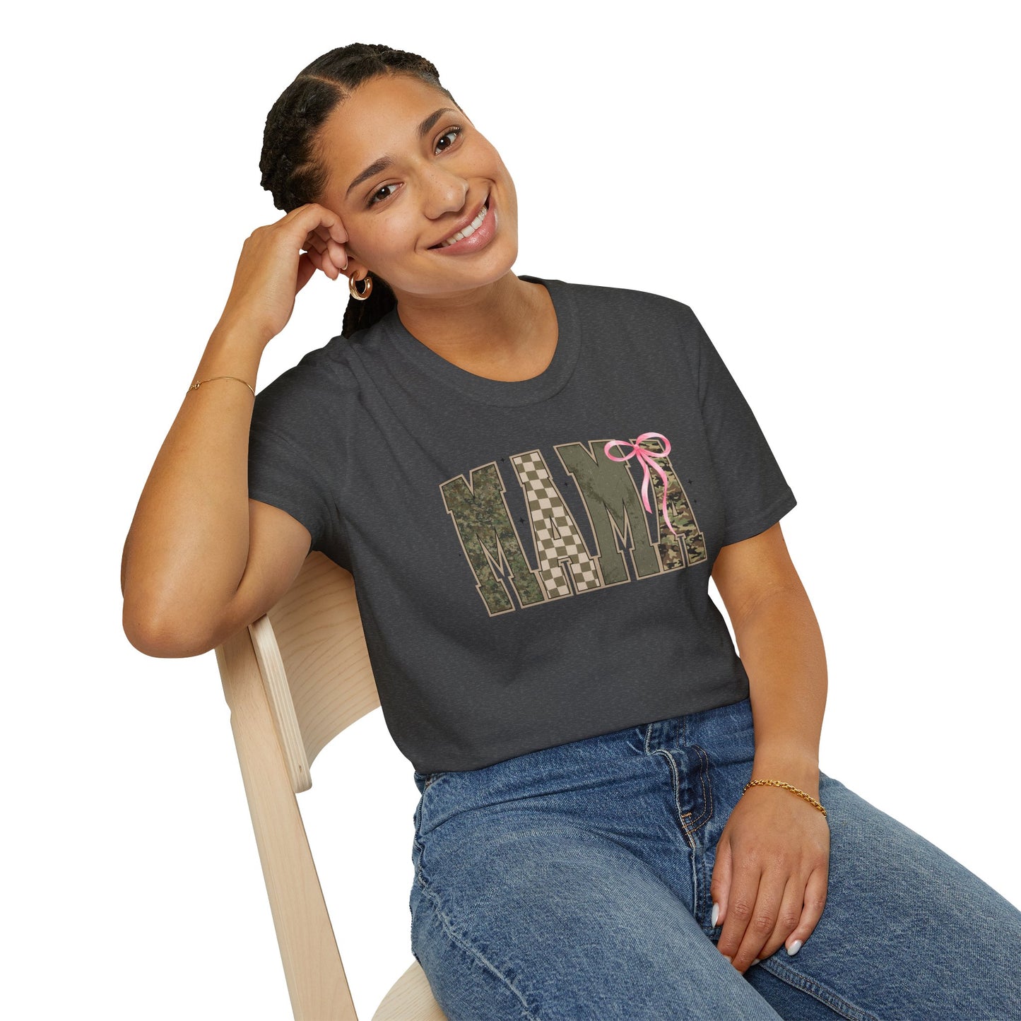 Coquette Mama green camo checkered board pink bow T-Shirt