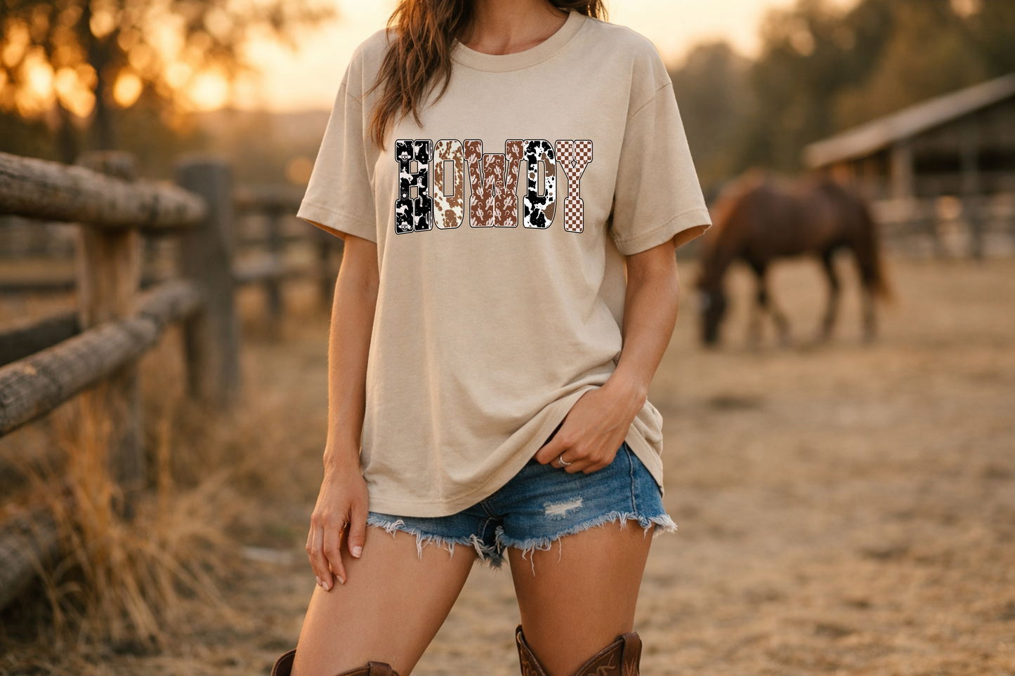 Howdy Cowhide Western Shirt T-Shirt | Cowboy Cactus Checkered Print