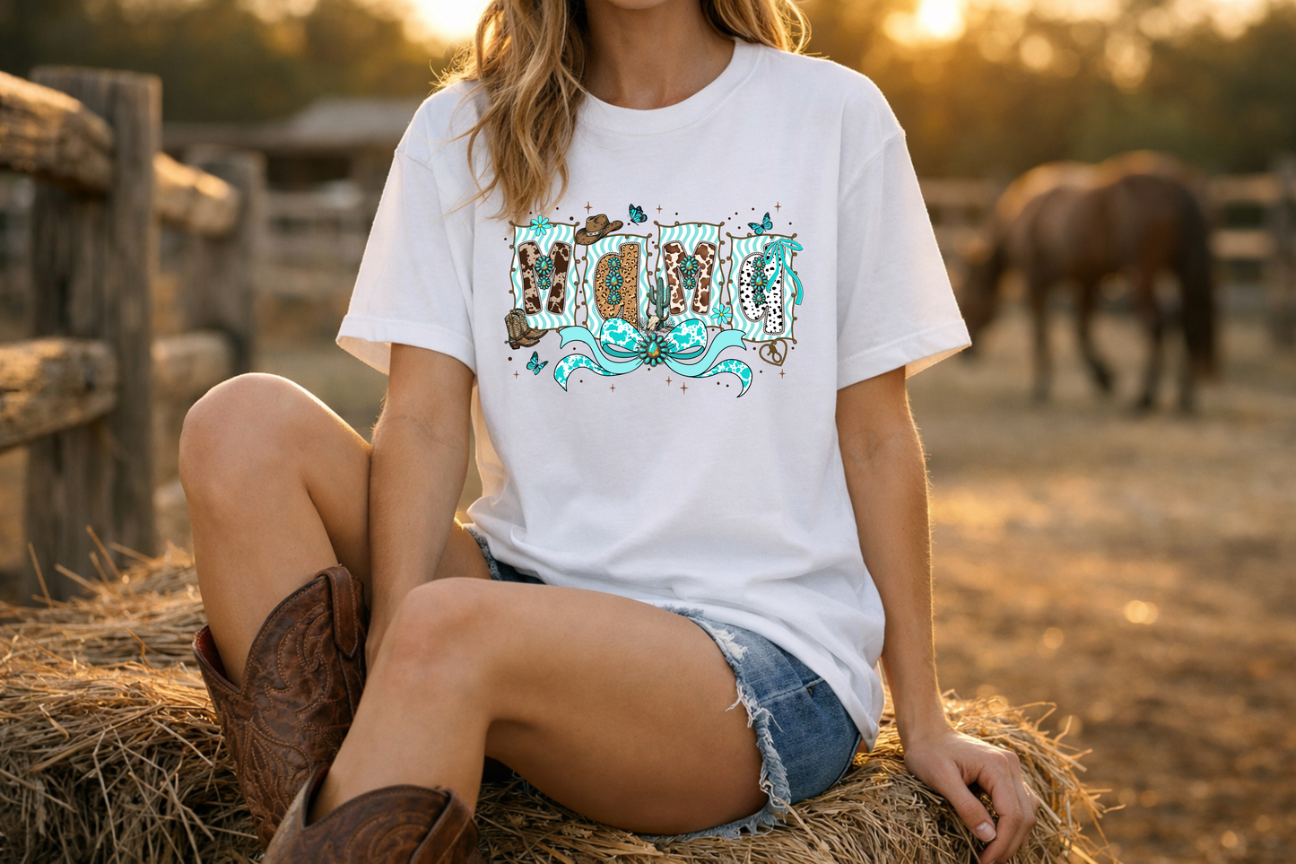 Western Mama T-Shirt — Cowboy Hat & Boots with Turquoise Accents