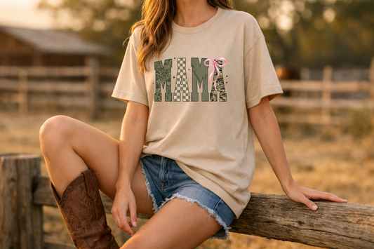 Coquette Mama green camo checkered board pink bow T-Shirt