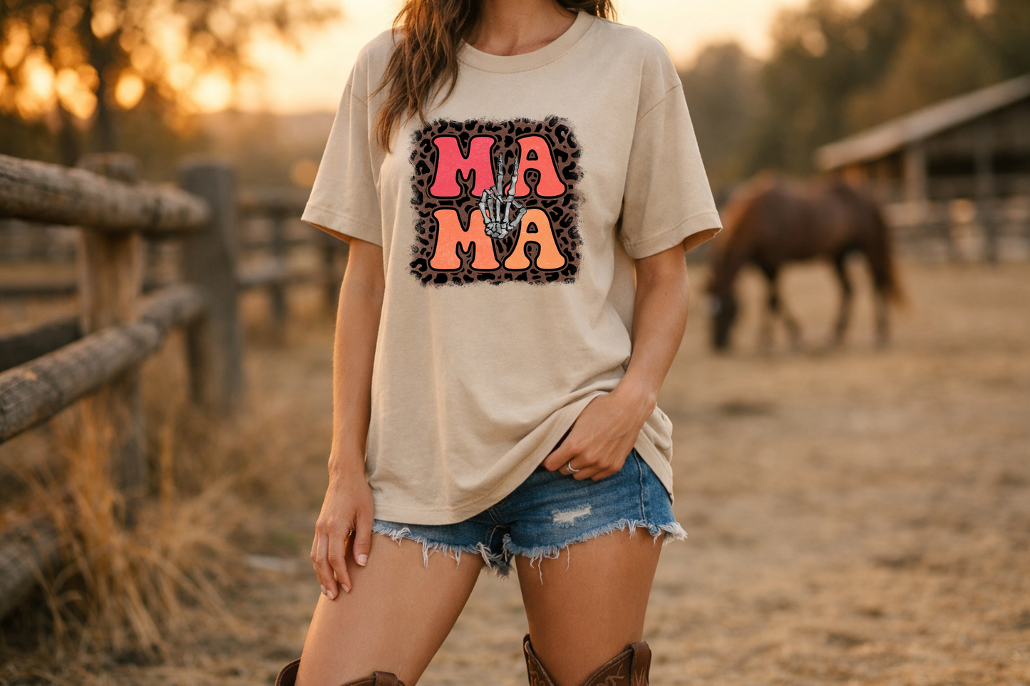 Mama Skeleton Hand Peace Sign T-Shirt | Leopard Background