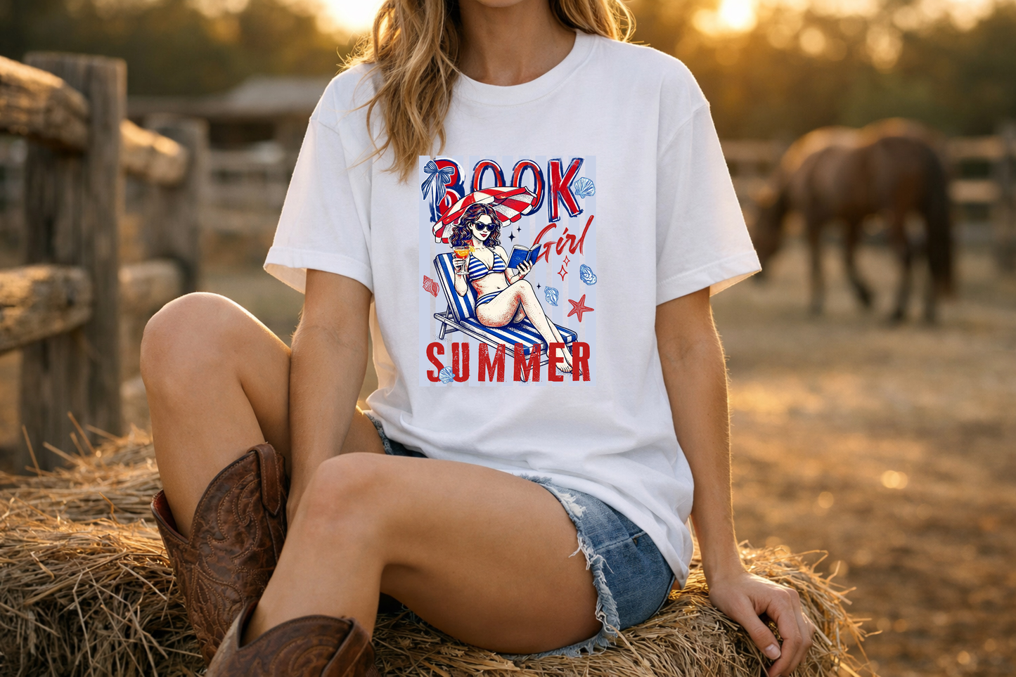 Vintage Americana Book Lover T-Shirt — 'Book Summer' Red, White & Blue Pinup
