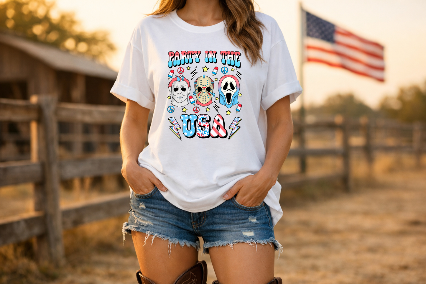 Party in the USA Horror T-Shirt — Red, White & Blue Horror Characters
