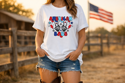 American Babe Graphic T-Shirt — Red White & Blue Peace Skeleton Hands