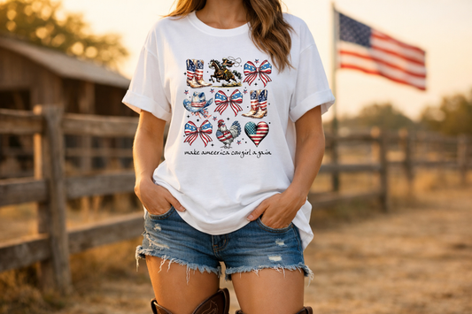 Make America Cowgirl Again T-Shirt — Americana Cowgirl Design with Horse, Boots & Cowboy Hat
