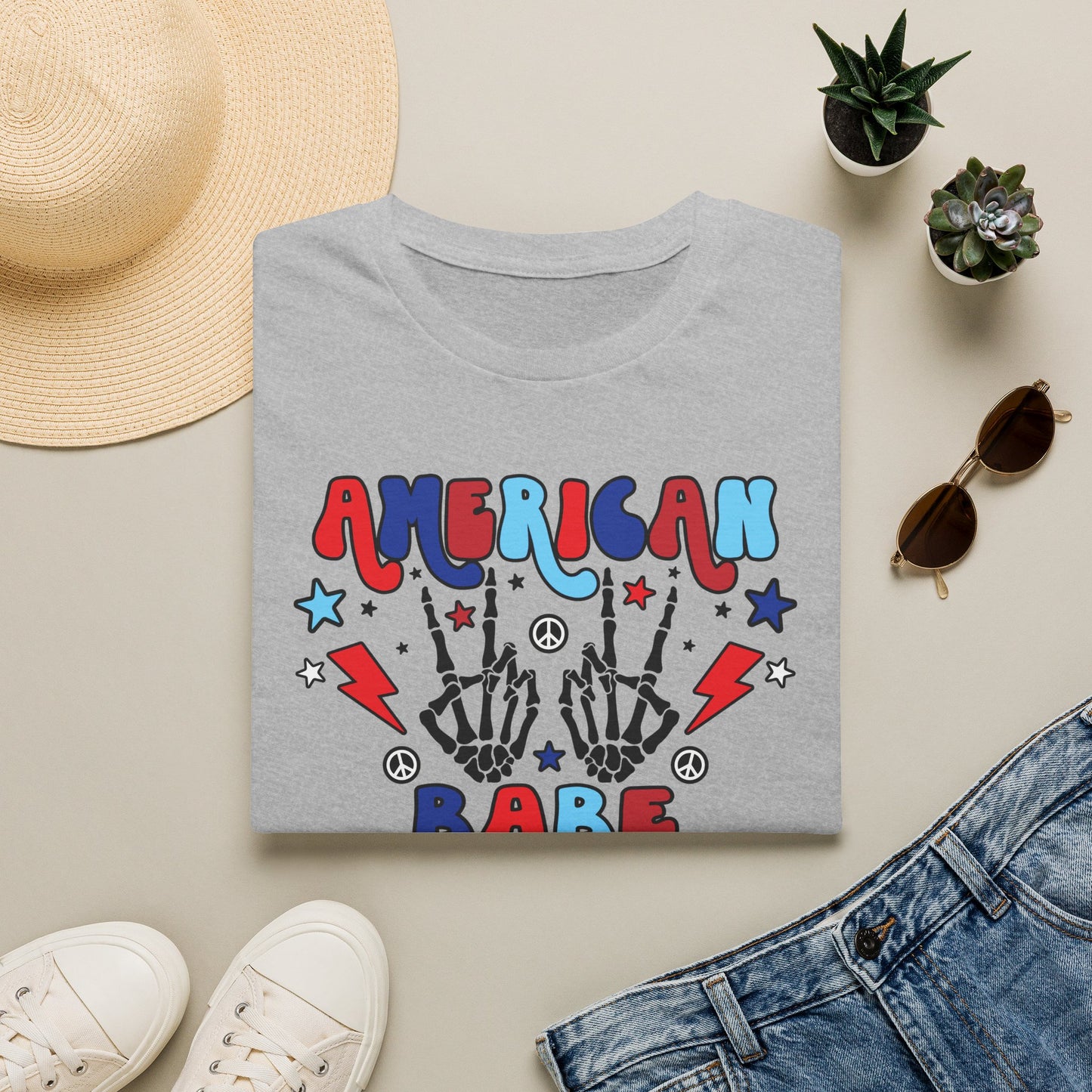American Babe Graphic T-Shirt — Red White & Blue Peace Skeleton Hands