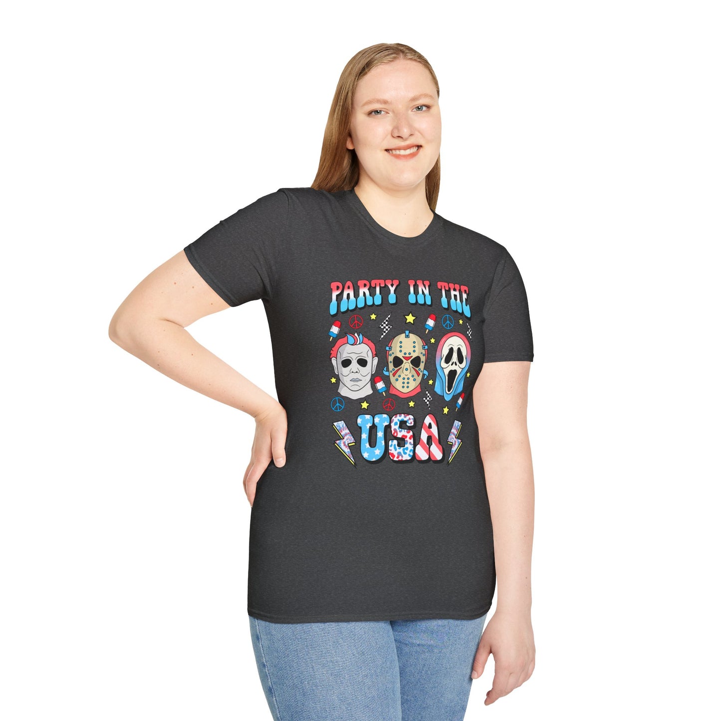 Party in the USA Horror T-Shirt — Red, White & Blue Horror Characters
