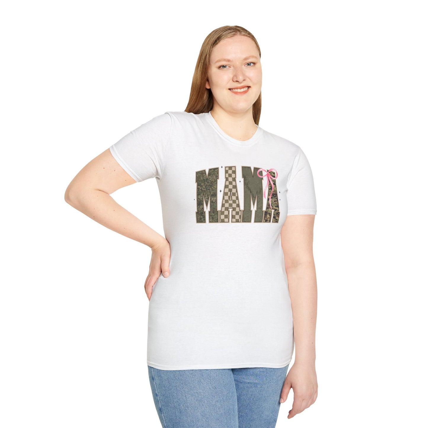 Coquette Mama green camo checkered board pink bow T-Shirt