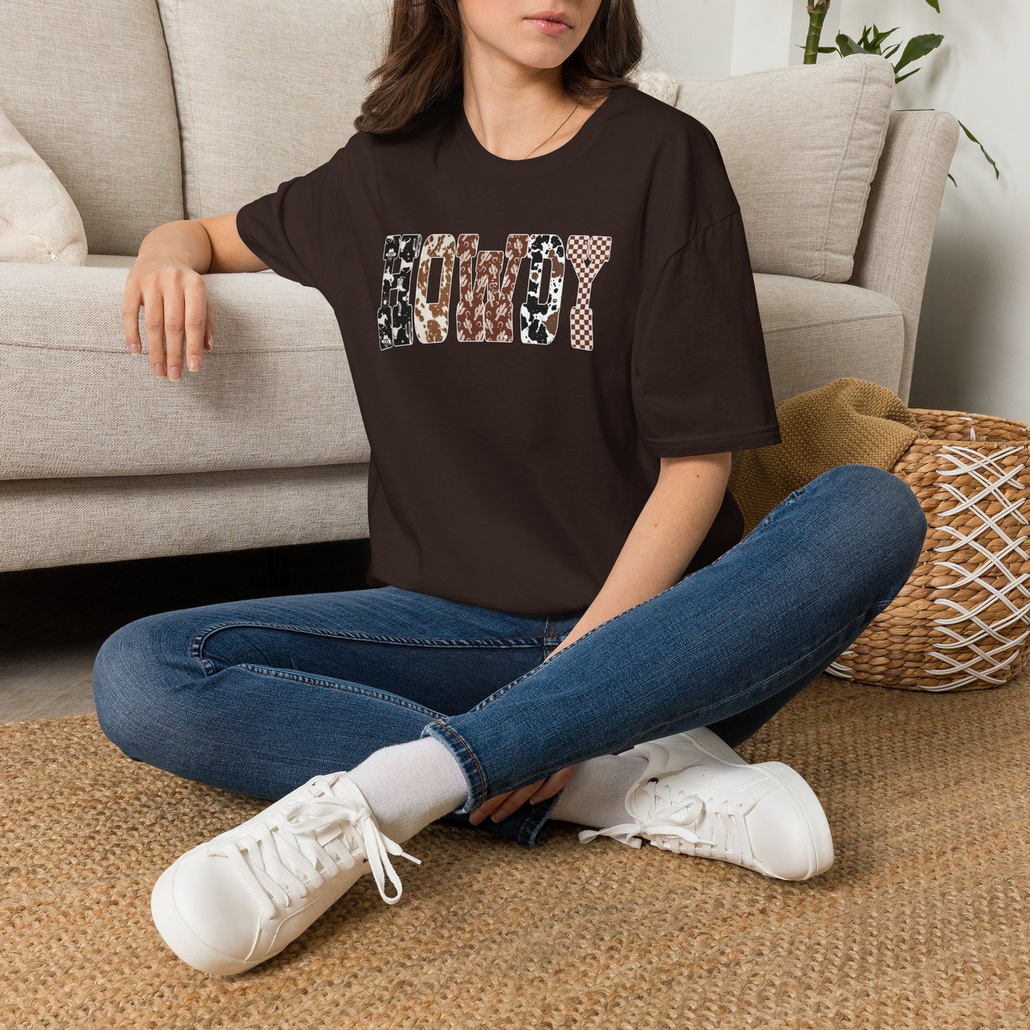 Howdy Graphic T-Shirt — Western Cowhide & Checkerboard Rustic Tee