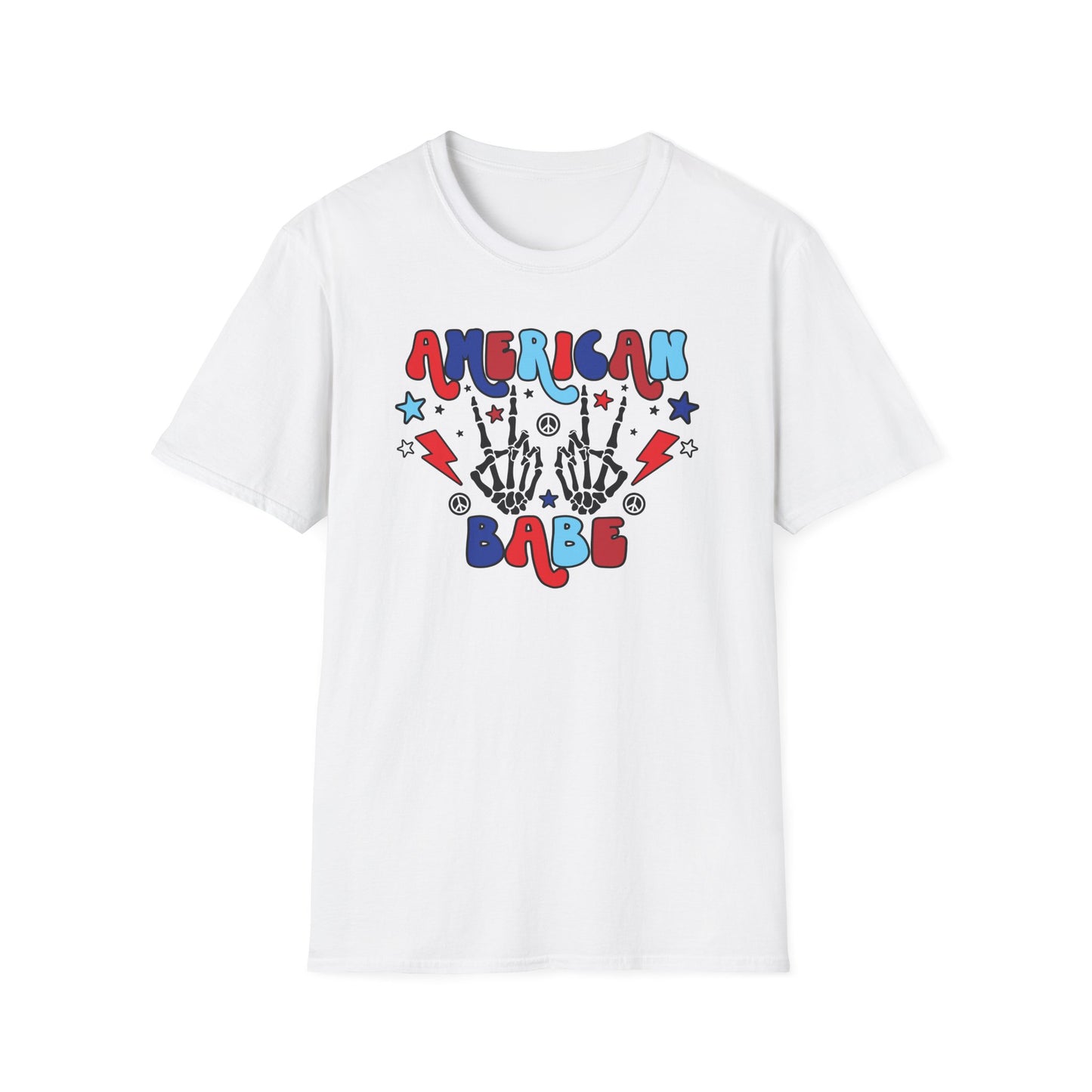 American Babe Graphic T-Shirt — Red White & Blue Peace Skeleton Hands