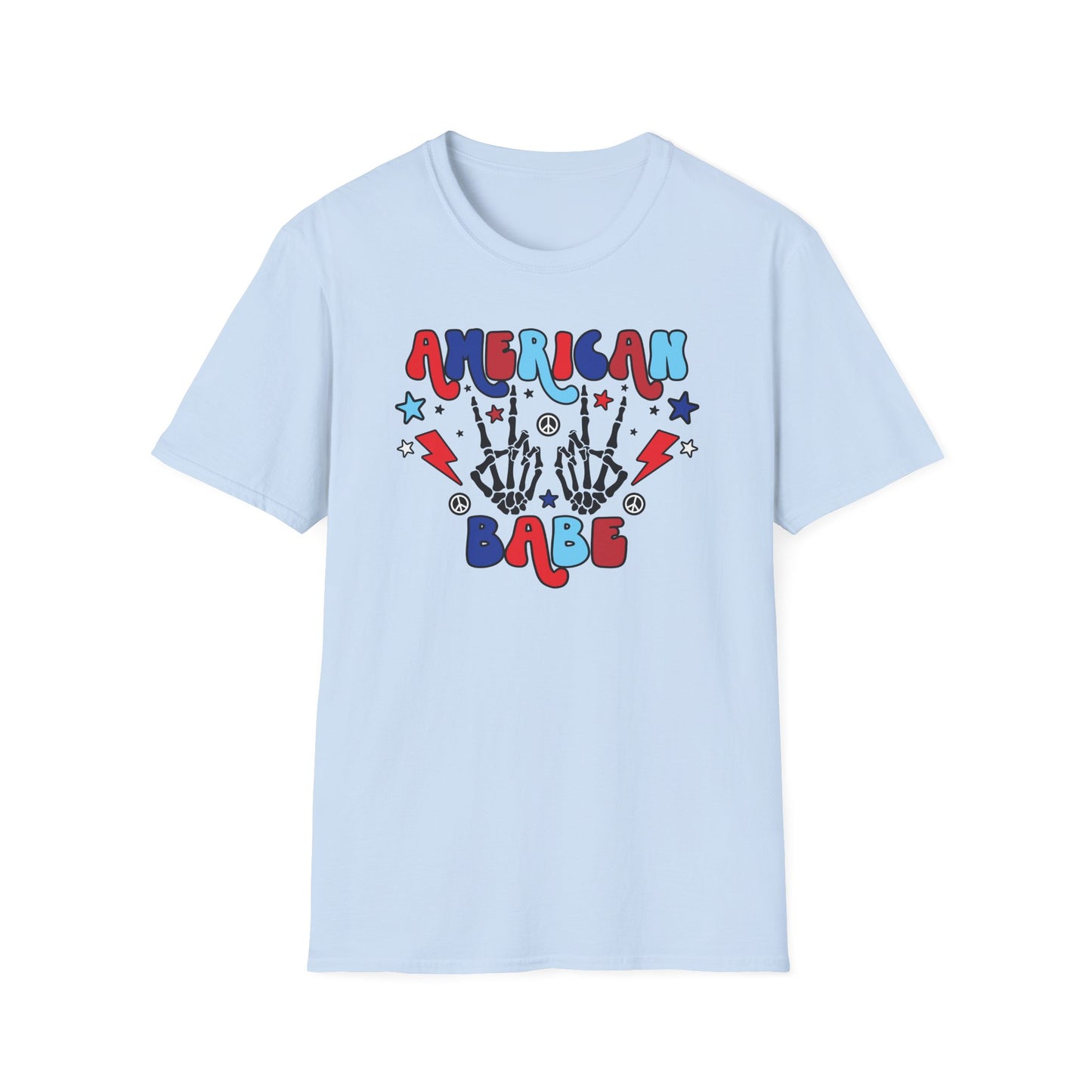 American Babe Graphic T-Shirt — Red White & Blue Peace Skeleton Hands