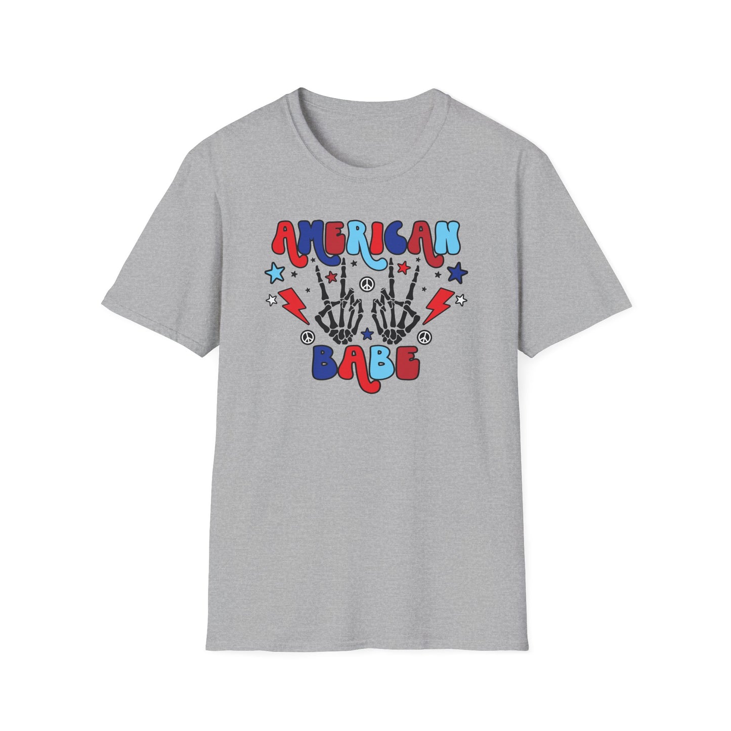 American Babe Graphic T-Shirt — Red White & Blue Peace Skeleton Hands