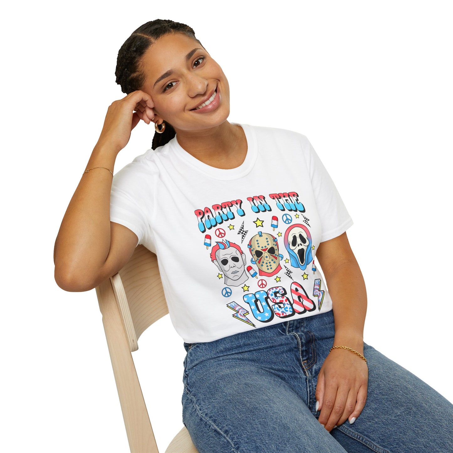 Party in the USA Horror T-Shirt — Red, White & Blue Horror Characters