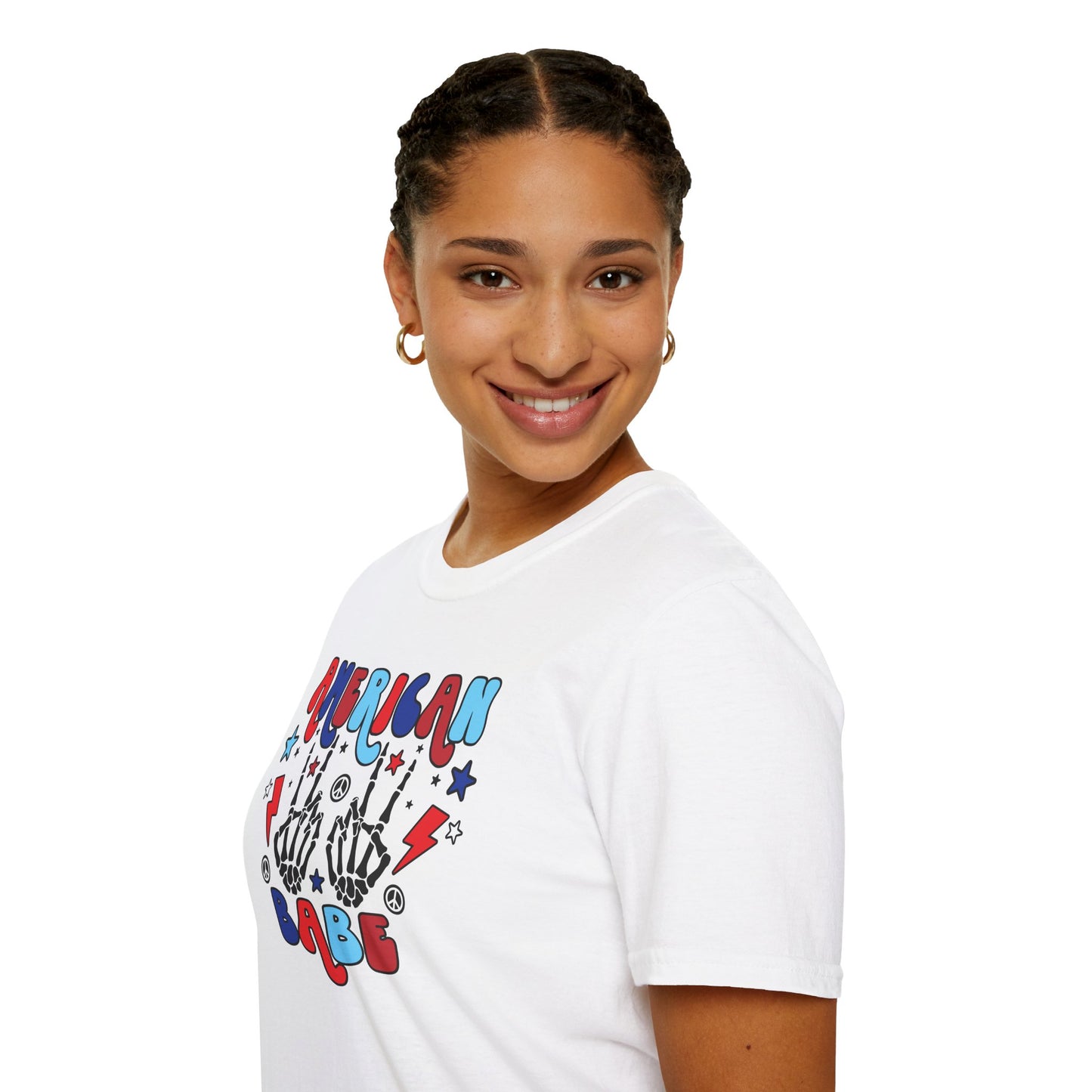 American Babe Graphic T-Shirt — Red White & Blue Peace Skeleton Hands