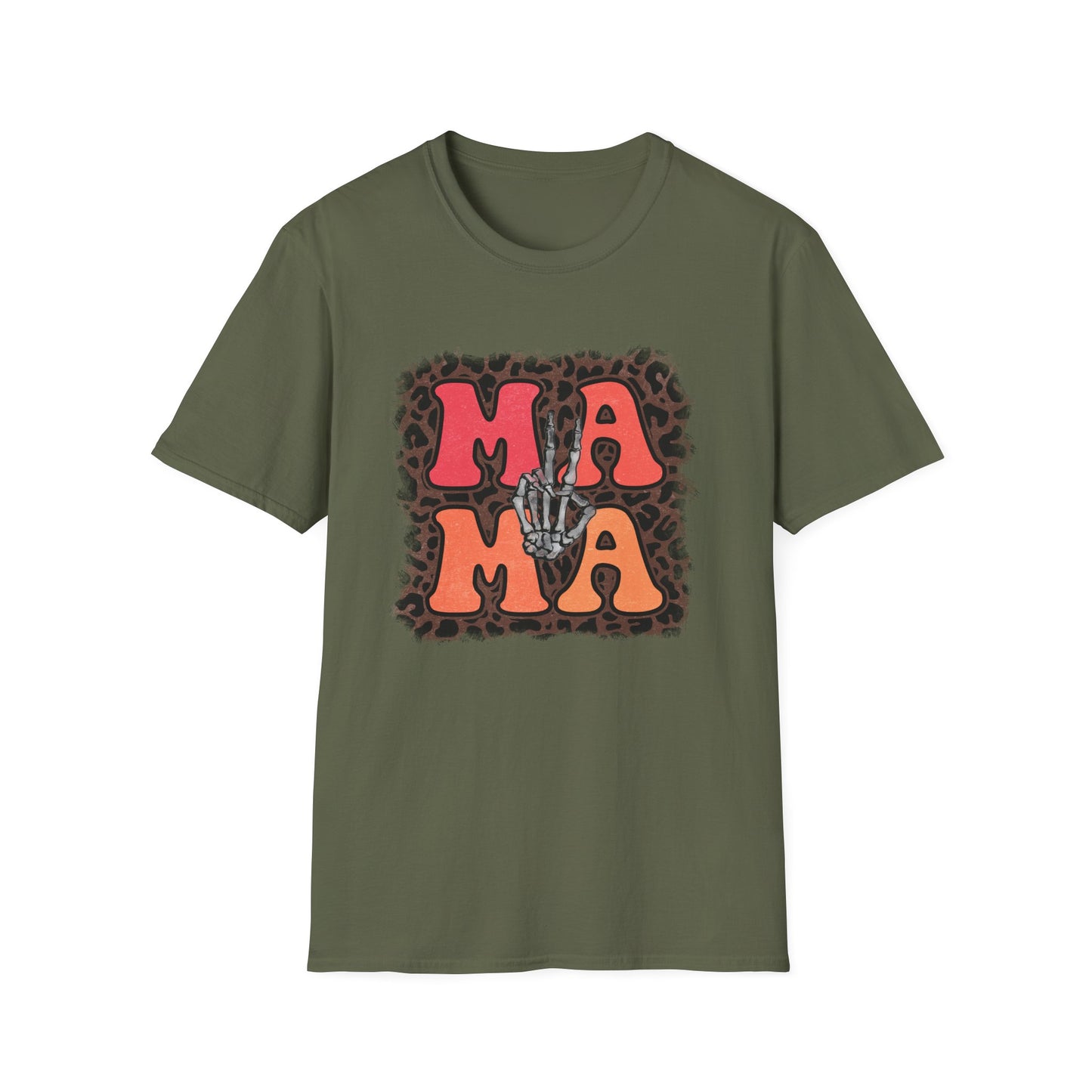 Mama Skeleton Hand Peace Sign T-Shirt | Leopard Background