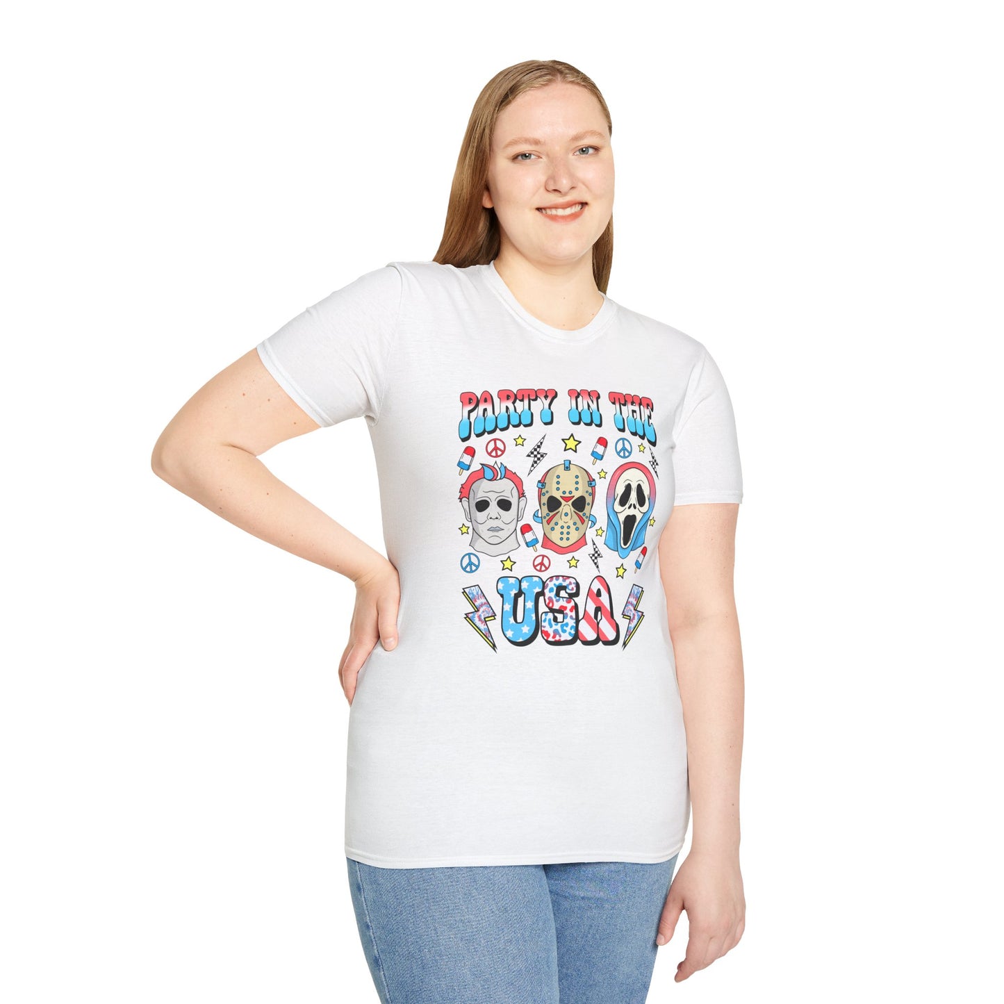 Party in the USA Horror T-Shirt — Red, White & Blue Horror Characters