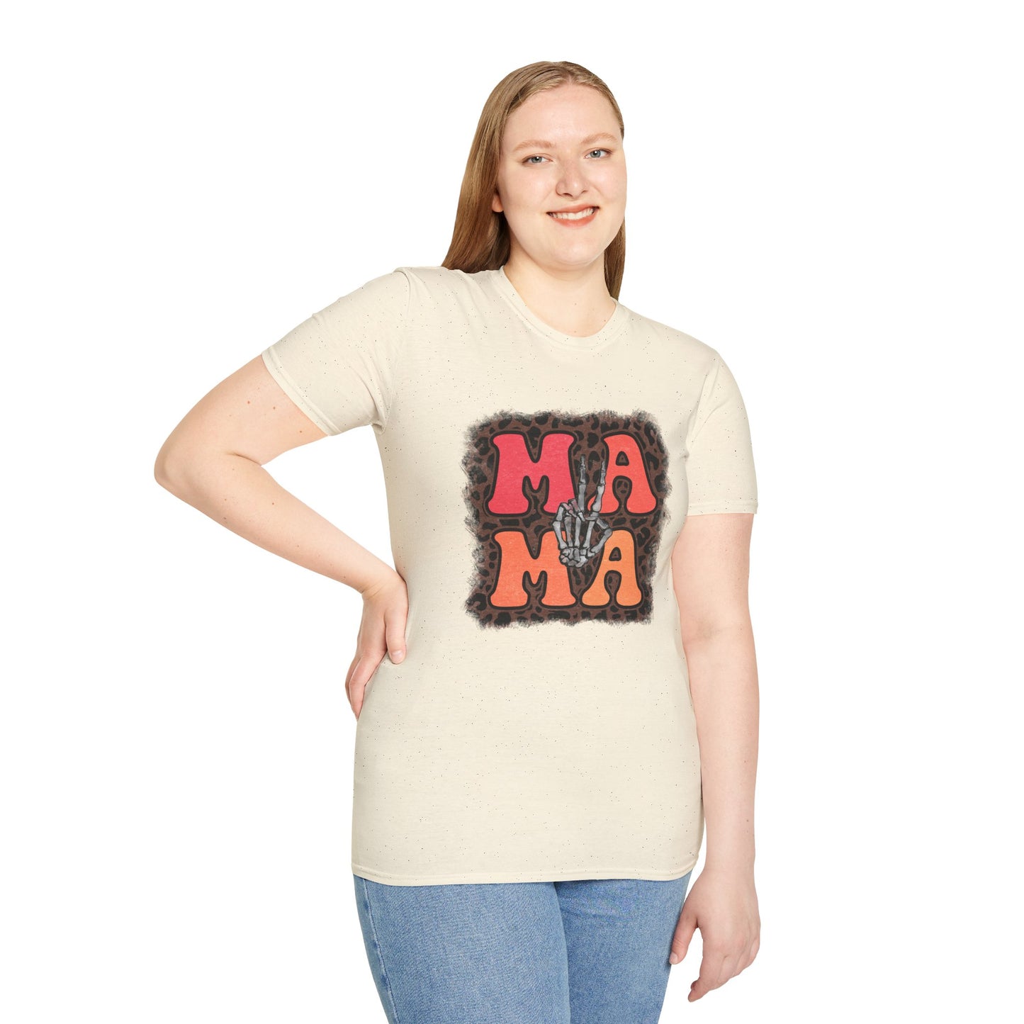 Mama Skeleton Hand Peace Sign T-Shirt | Leopard Background