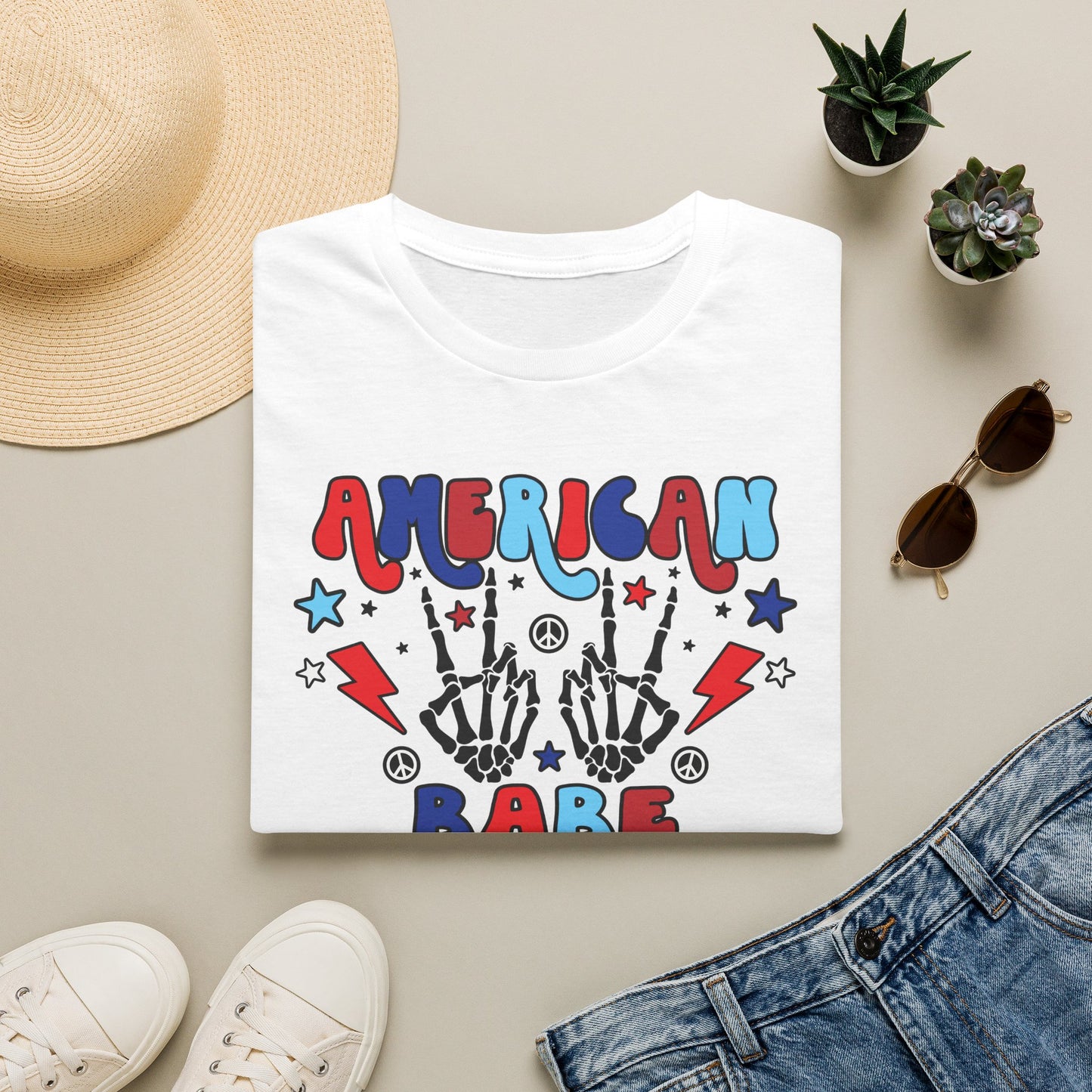 American Babe Graphic T-Shirt — Red White & Blue Peace Skeleton Hands