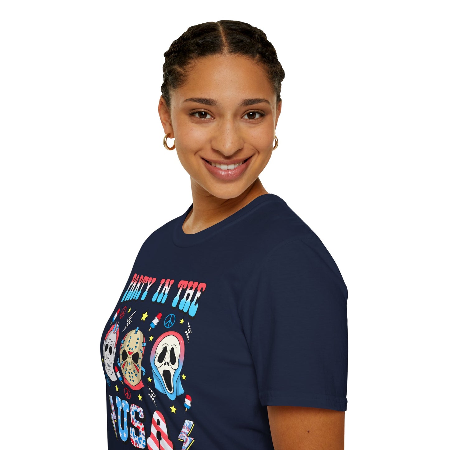 Party in the USA Horror T-Shirt — Red, White & Blue Horror Characters