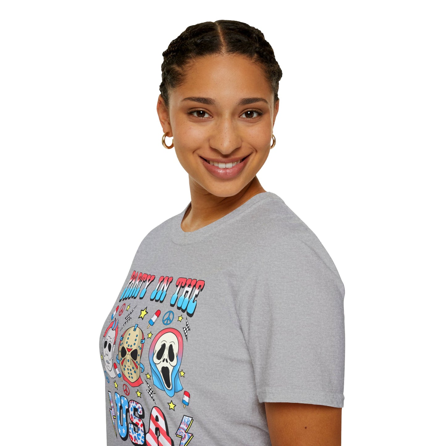 Party in the USA Horror T-Shirt — Red, White & Blue Horror Characters