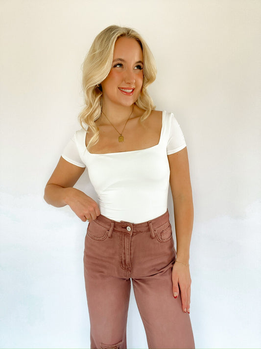 Square Neck Bodysuit- White — Salon 209