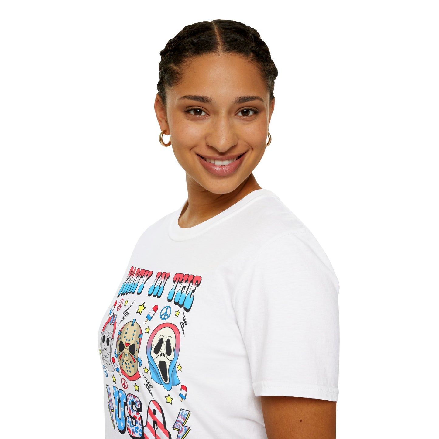 Party in the USA Horror T-Shirt — Red, White & Blue Horror Characters