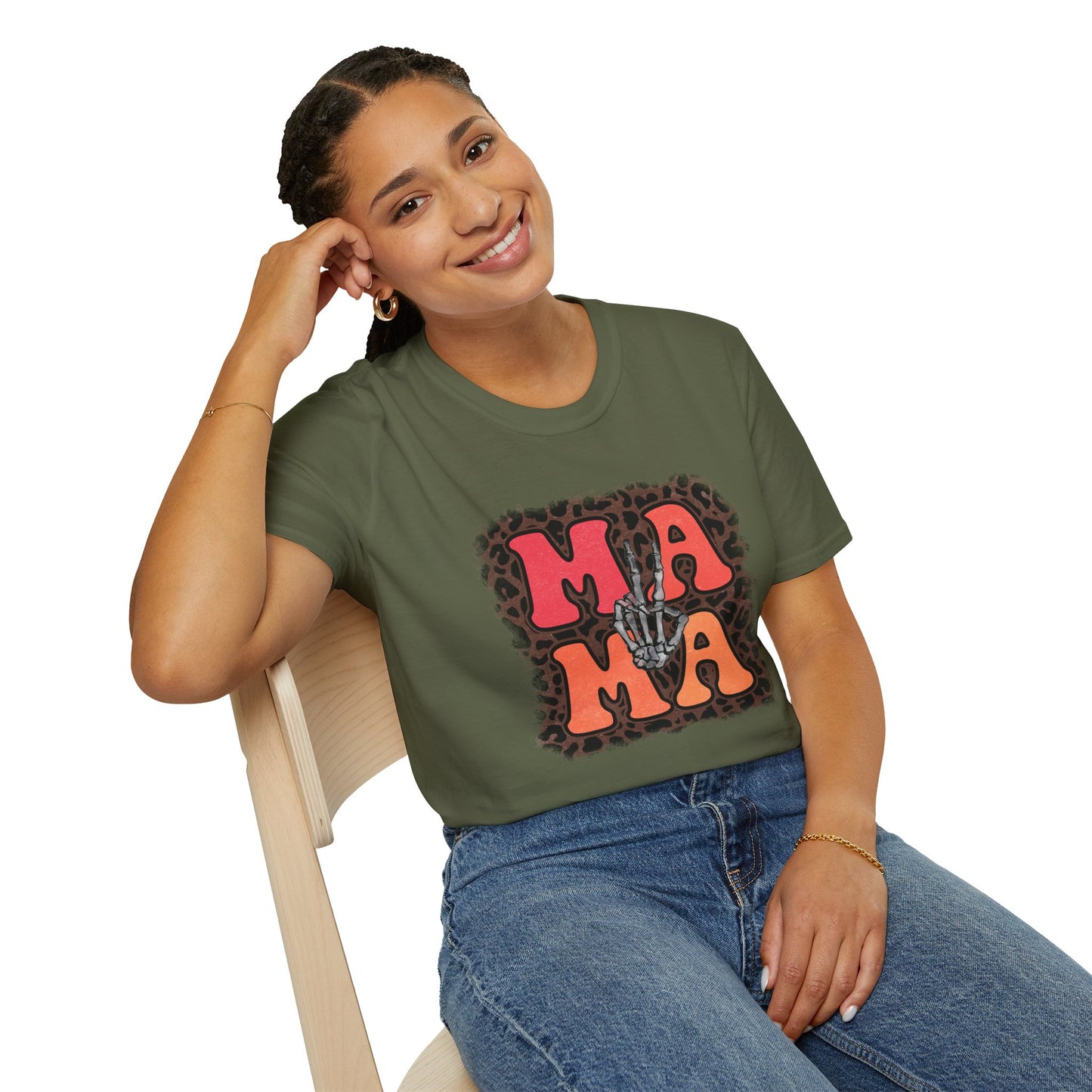 Mama Skeleton Hand Peace Sign T-Shirt | Leopard Background