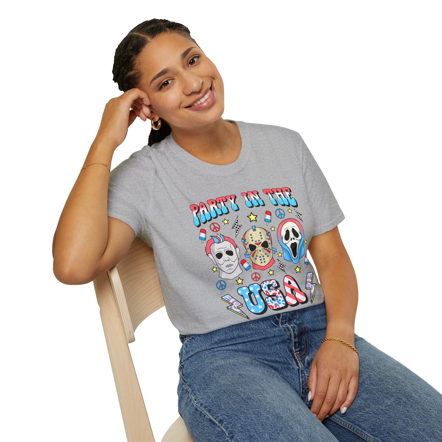 Party in the USA Horror T-Shirt — Red, White & Blue Horror Characters