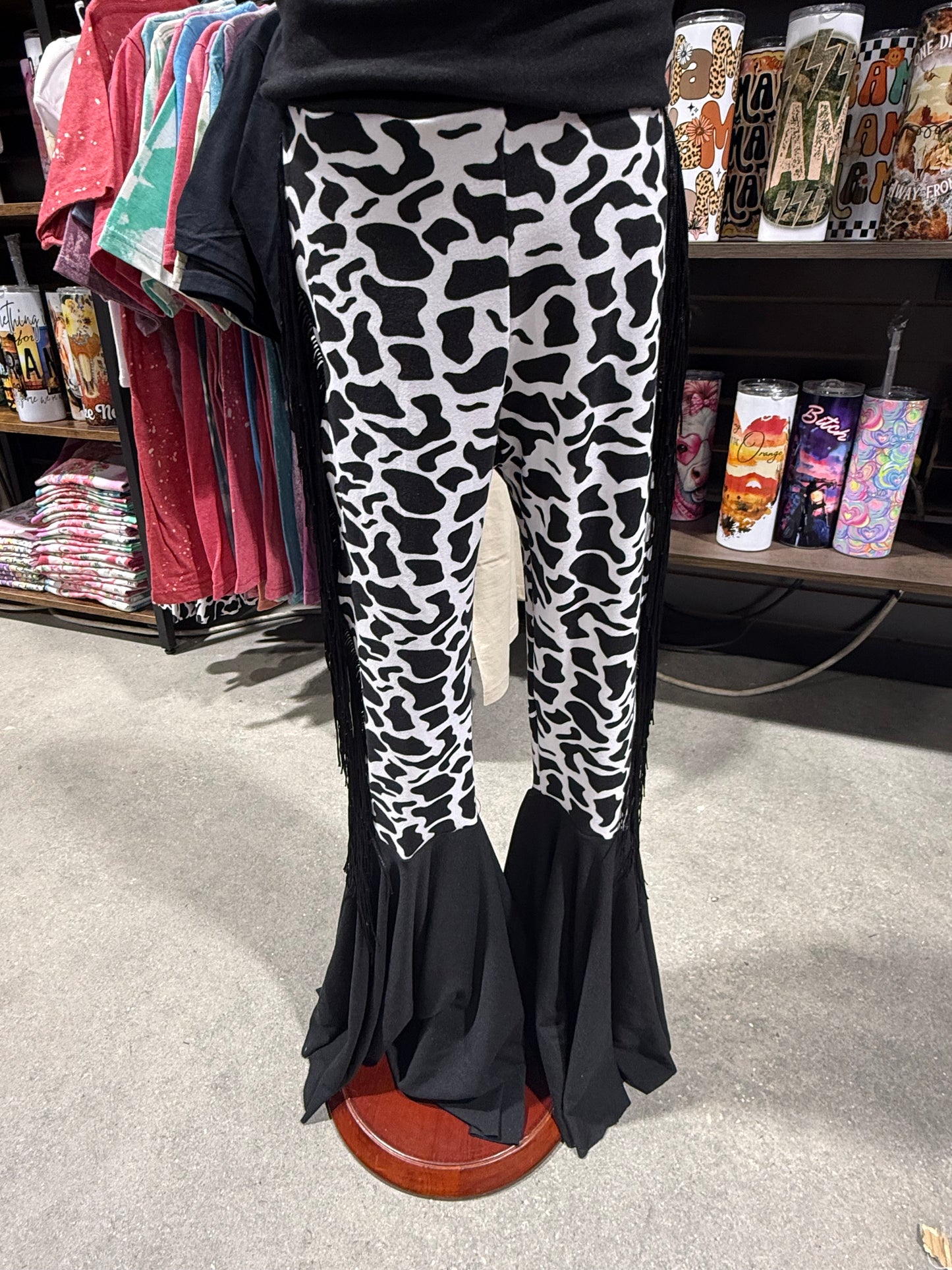 Cow Print Bell Bottoms with Fringe