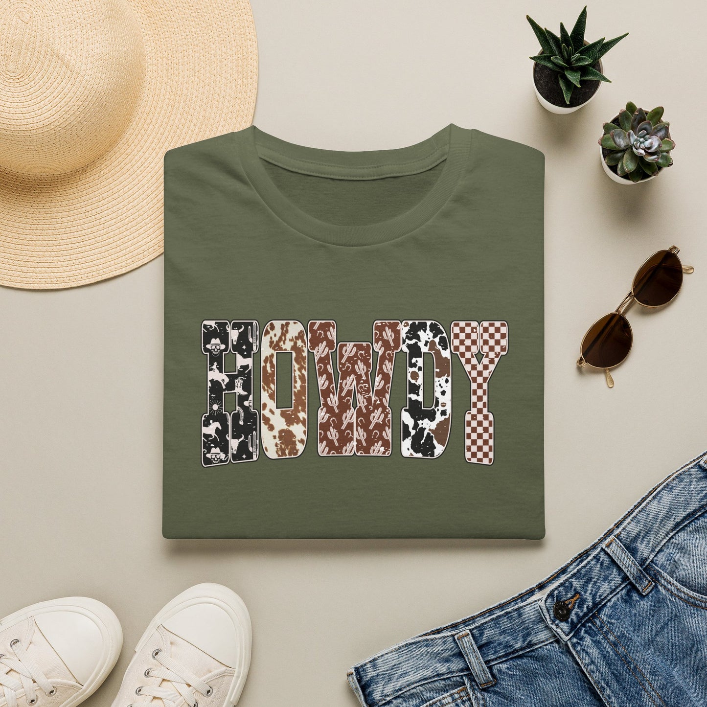 Howdy Graphic T-Shirt — Western Cowhide & Checkerboard Rustic Tee