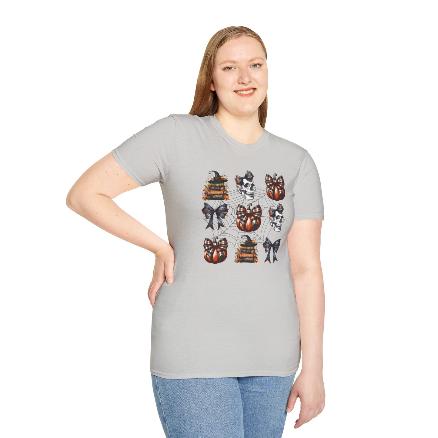 Gothic T-Shirt with Book Stacks and Pumpkins