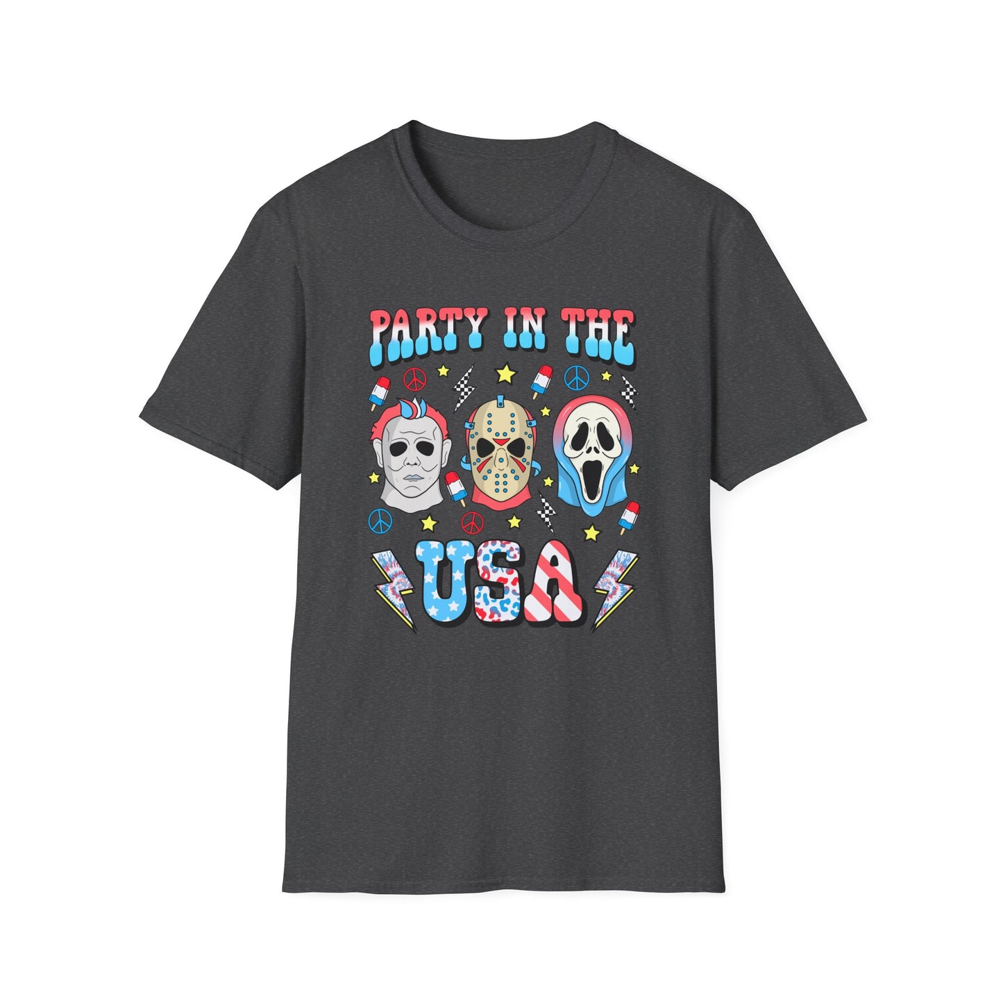 Party in the USA Horror T-Shirt — Red, White & Blue Horror Characters