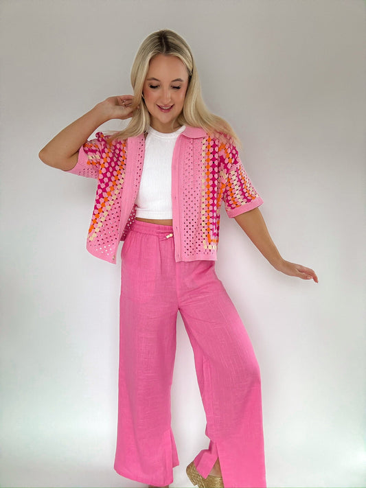Elastic Waist Solid Linen Comfy Wide Pants
