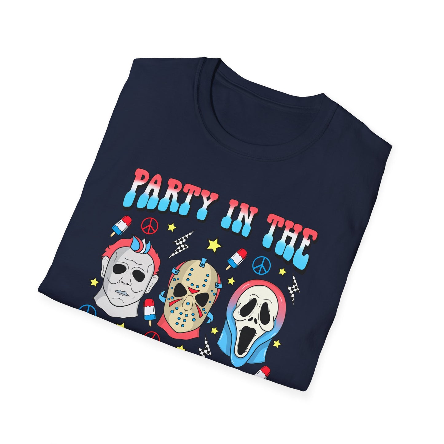 Party in the USA Horror T-Shirt — Red, White & Blue Horror Characters