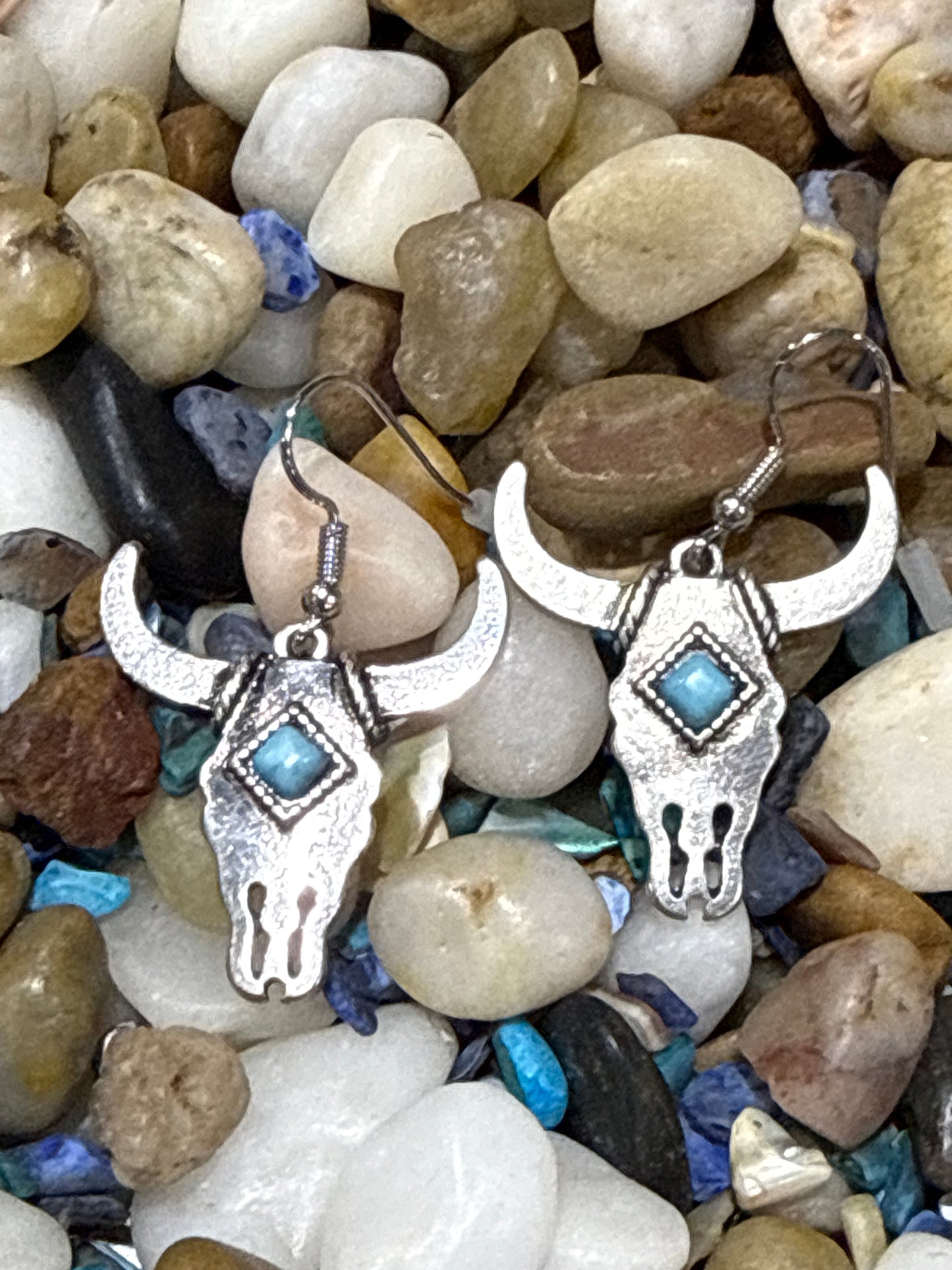 Bull Skull Dangle Earrings with Turquoise Center