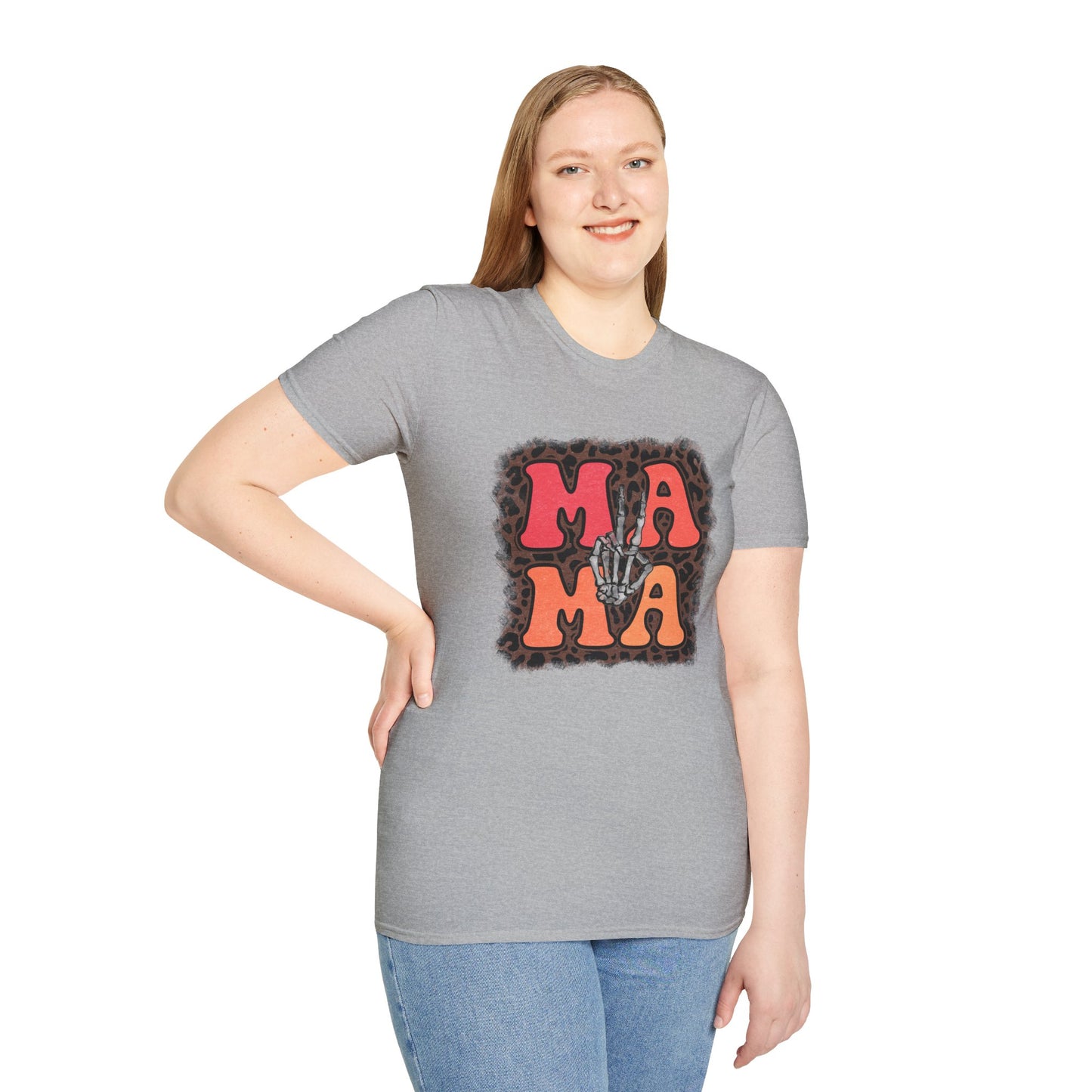 Mama Skeleton Hand Peace Sign T-Shirt | Leopard Background