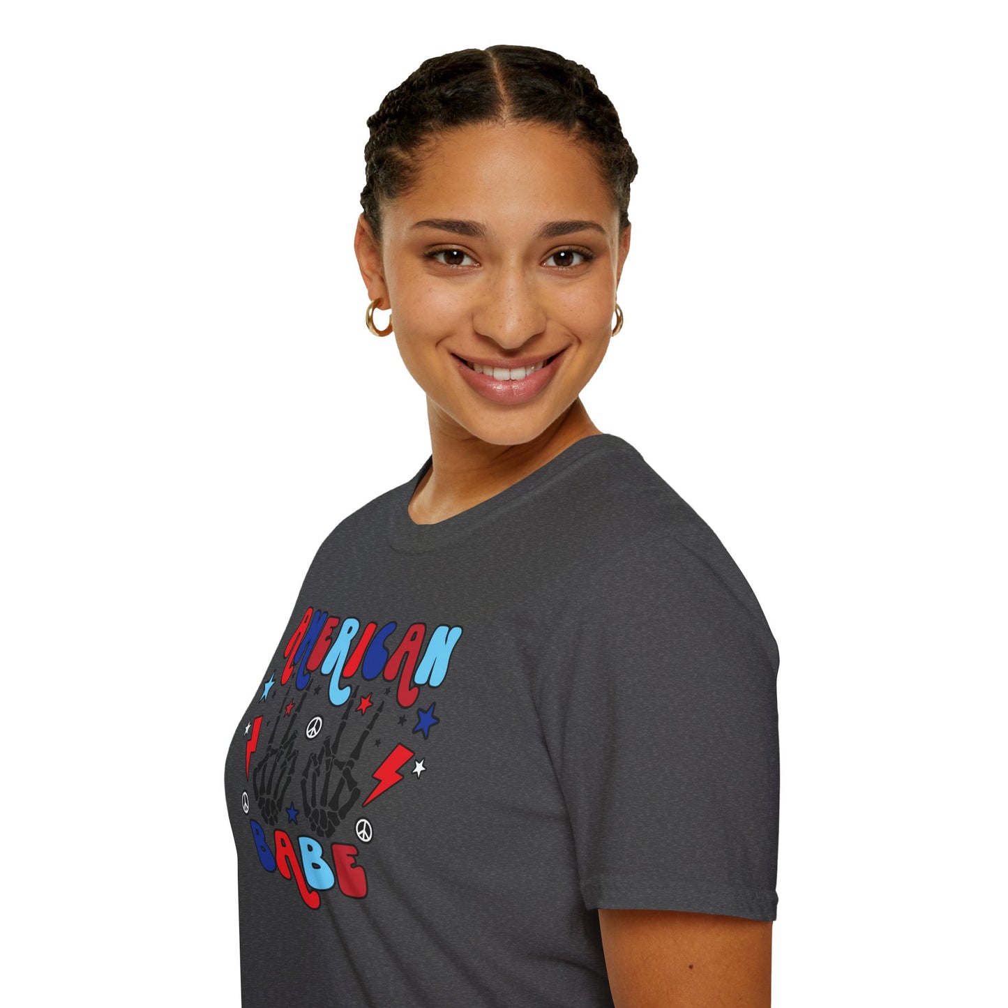 American Babe Graphic T-Shirt — Red White & Blue Peace Skeleton Hands