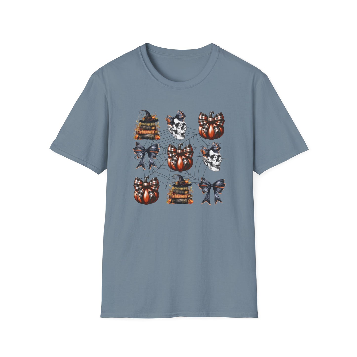 Gothic T-Shirt with Book Stacks and Pumpkins