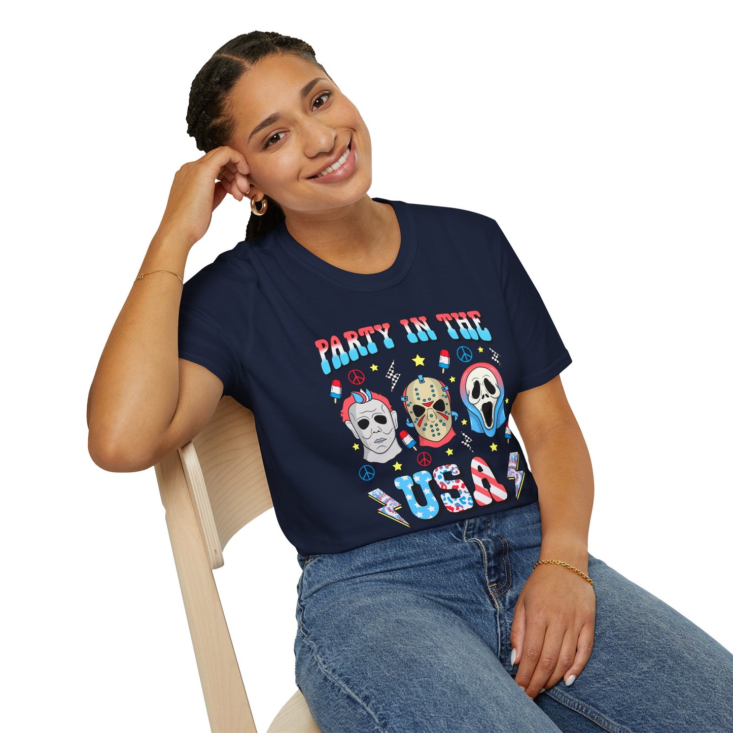 Party in the USA Horror T-Shirt — Red, White & Blue Horror Characters