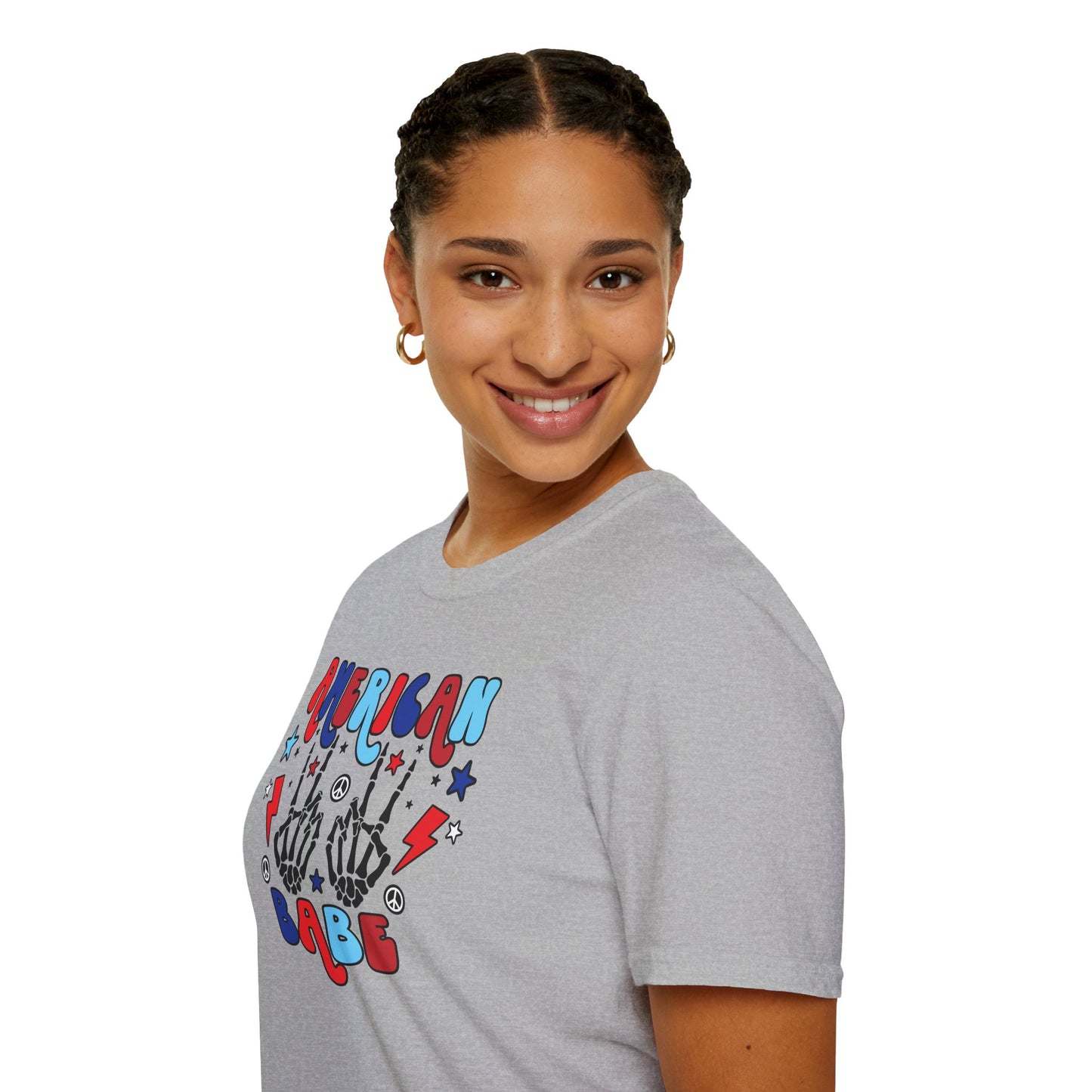 American Babe Graphic T-Shirt — Red White & Blue Peace Skeleton Hands
