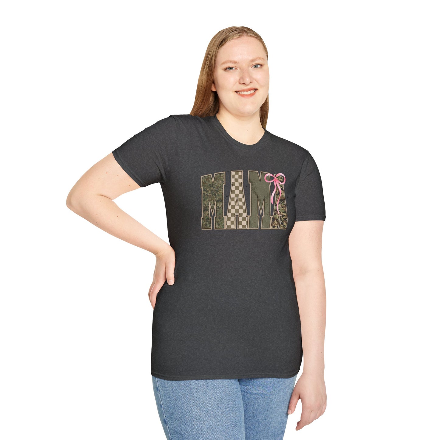 Coquette Mama green camo checkered board pink bow T-Shirt