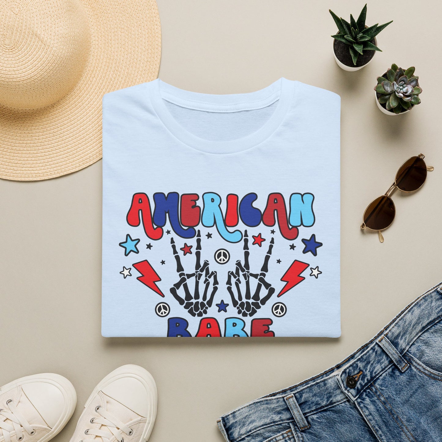 American Babe Graphic T-Shirt — Red White & Blue Peace Skeleton Hands