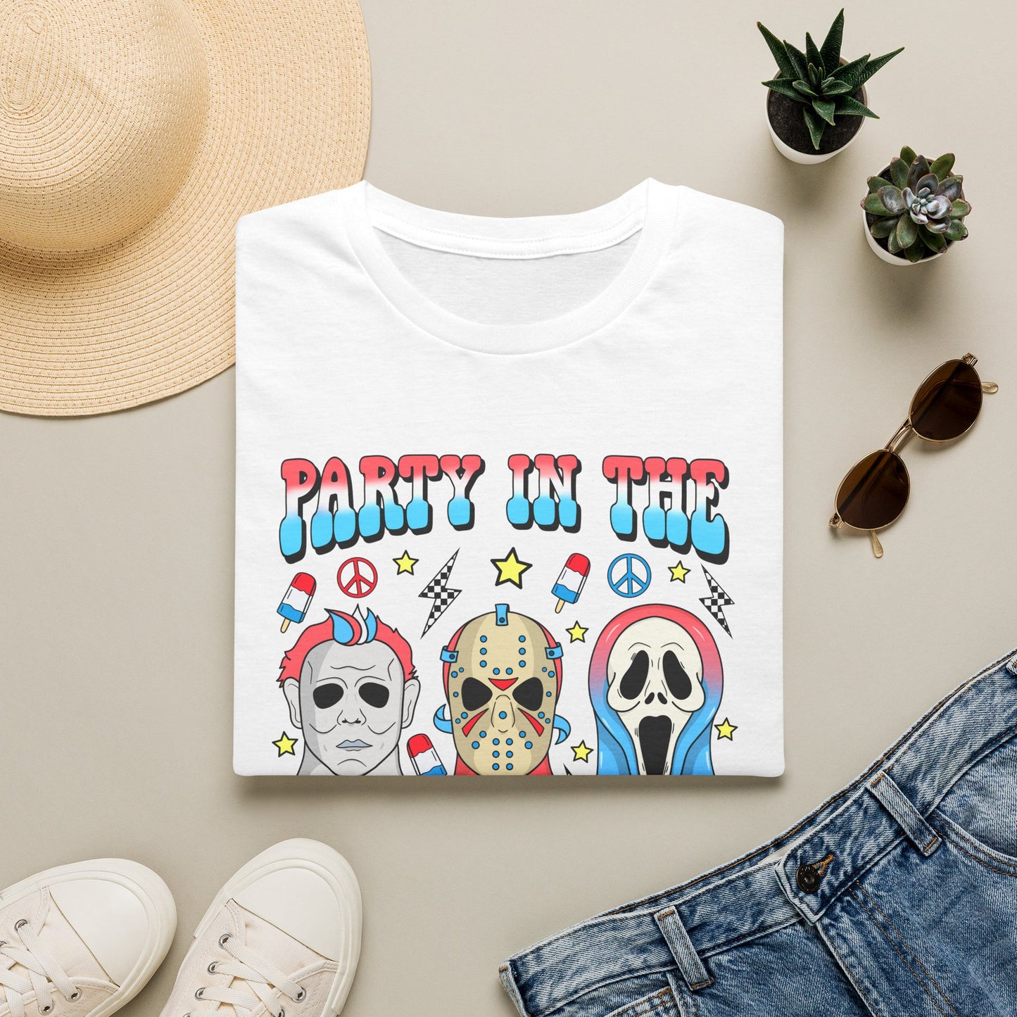 Party in the USA Horror T-Shirt — Red, White & Blue Horror Characters