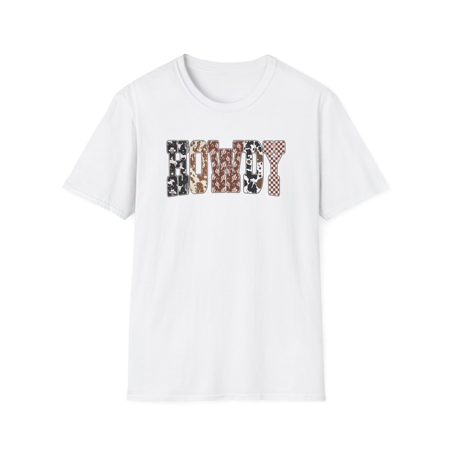 Howdy Graphic T-Shirt — Western Cowhide & Checkerboard Rustic Tee