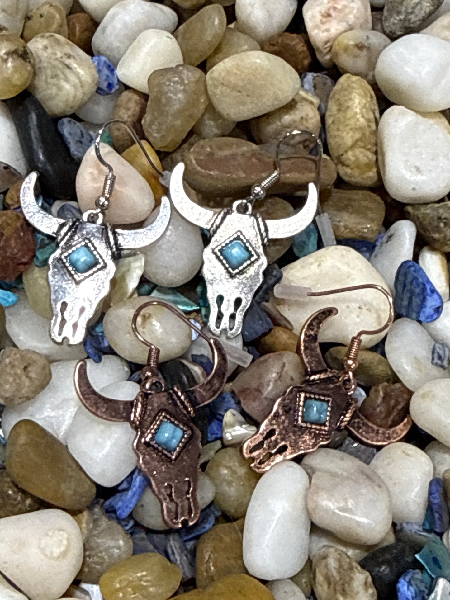 Bull Skull Dangle Earrings with Turquoise Center