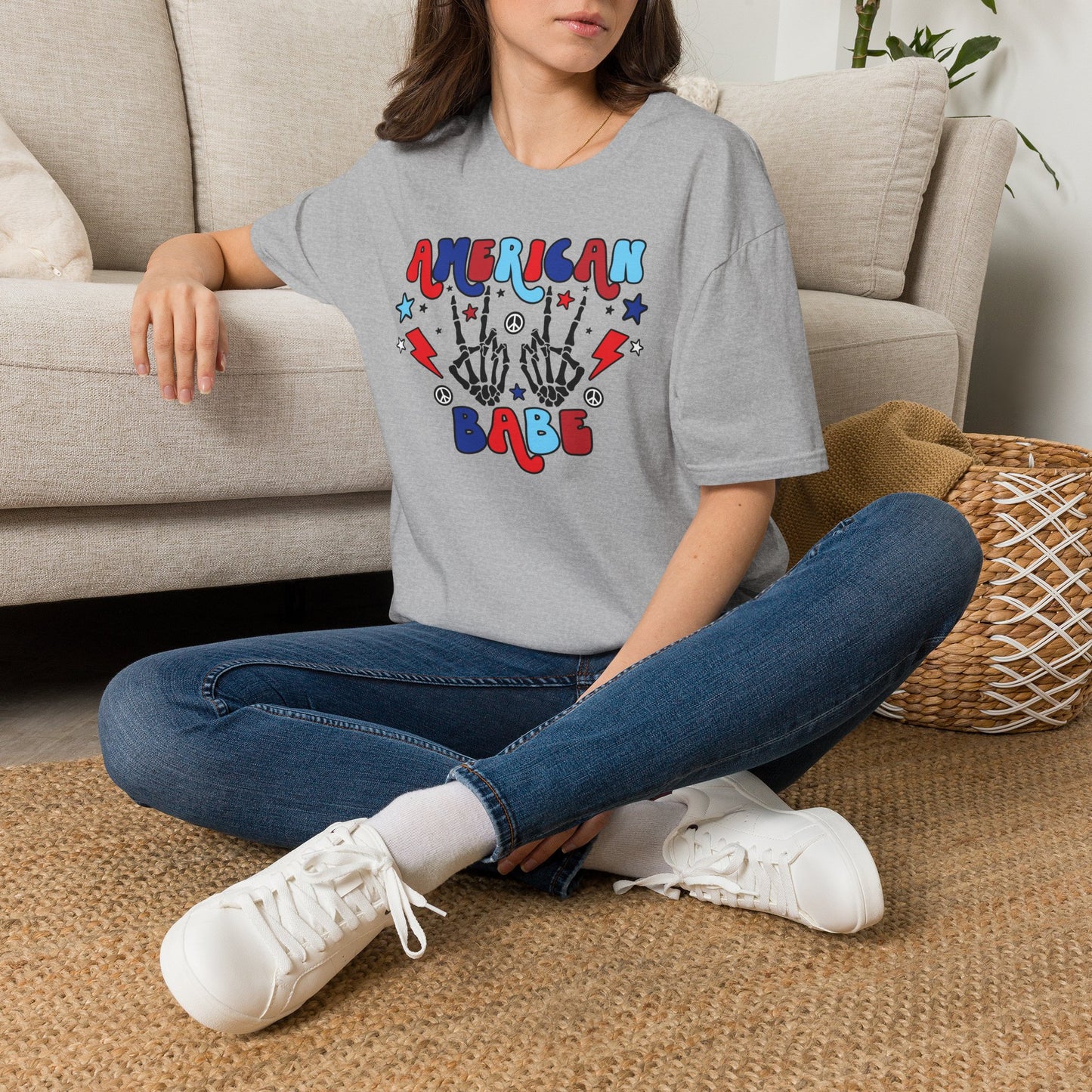 American Babe Graphic T-Shirt — Red White & Blue Peace Skeleton Hands