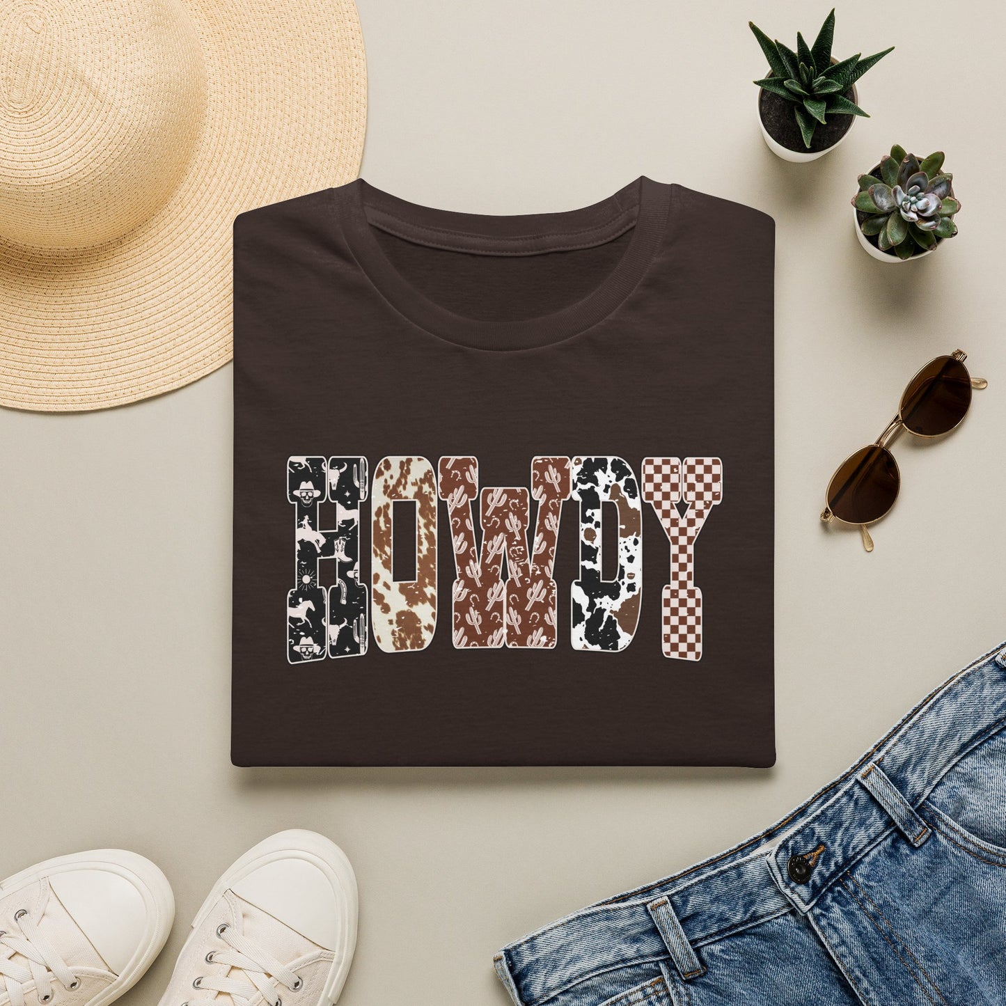Howdy Graphic T-Shirt — Western Cowhide & Checkerboard Rustic Tee